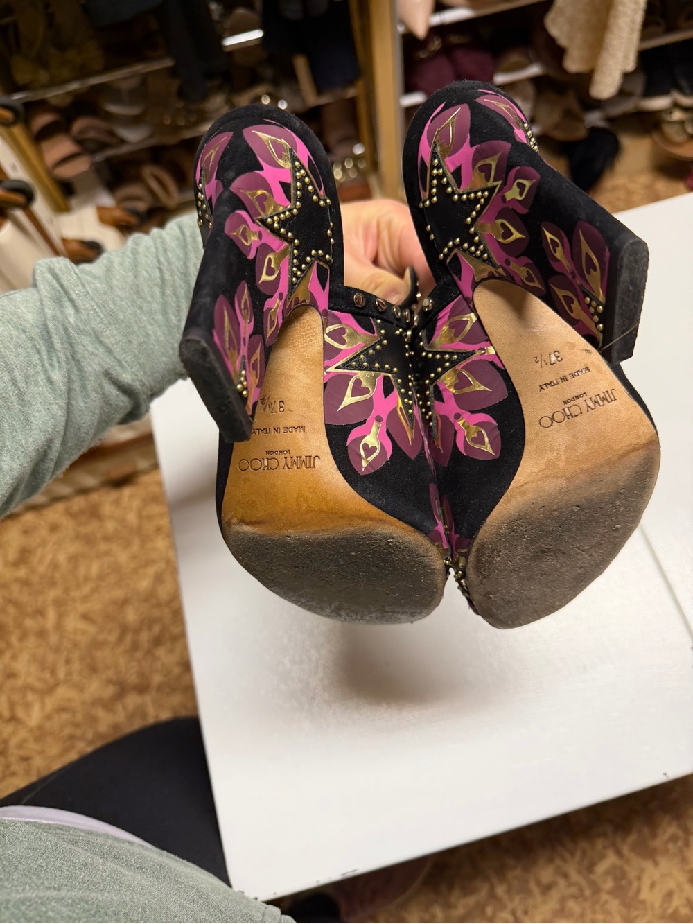 Jimmy Choo Black Mules with Pink & Gold Floral Embellishment - Picture 4 of 4